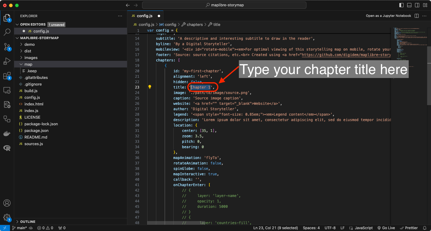 captura de pantalla de la propiedad título del capítulo