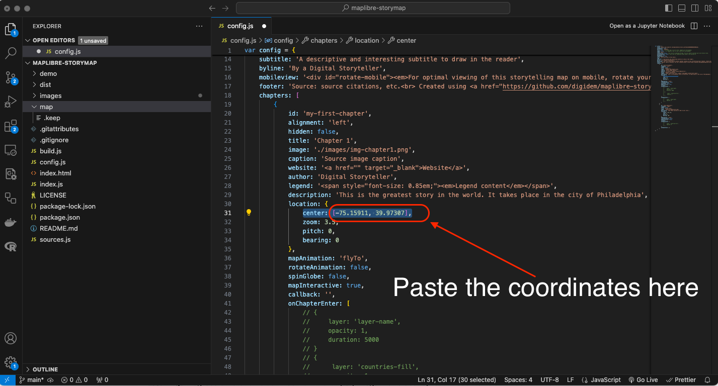 captura de pantalla de las coordenadas del centro