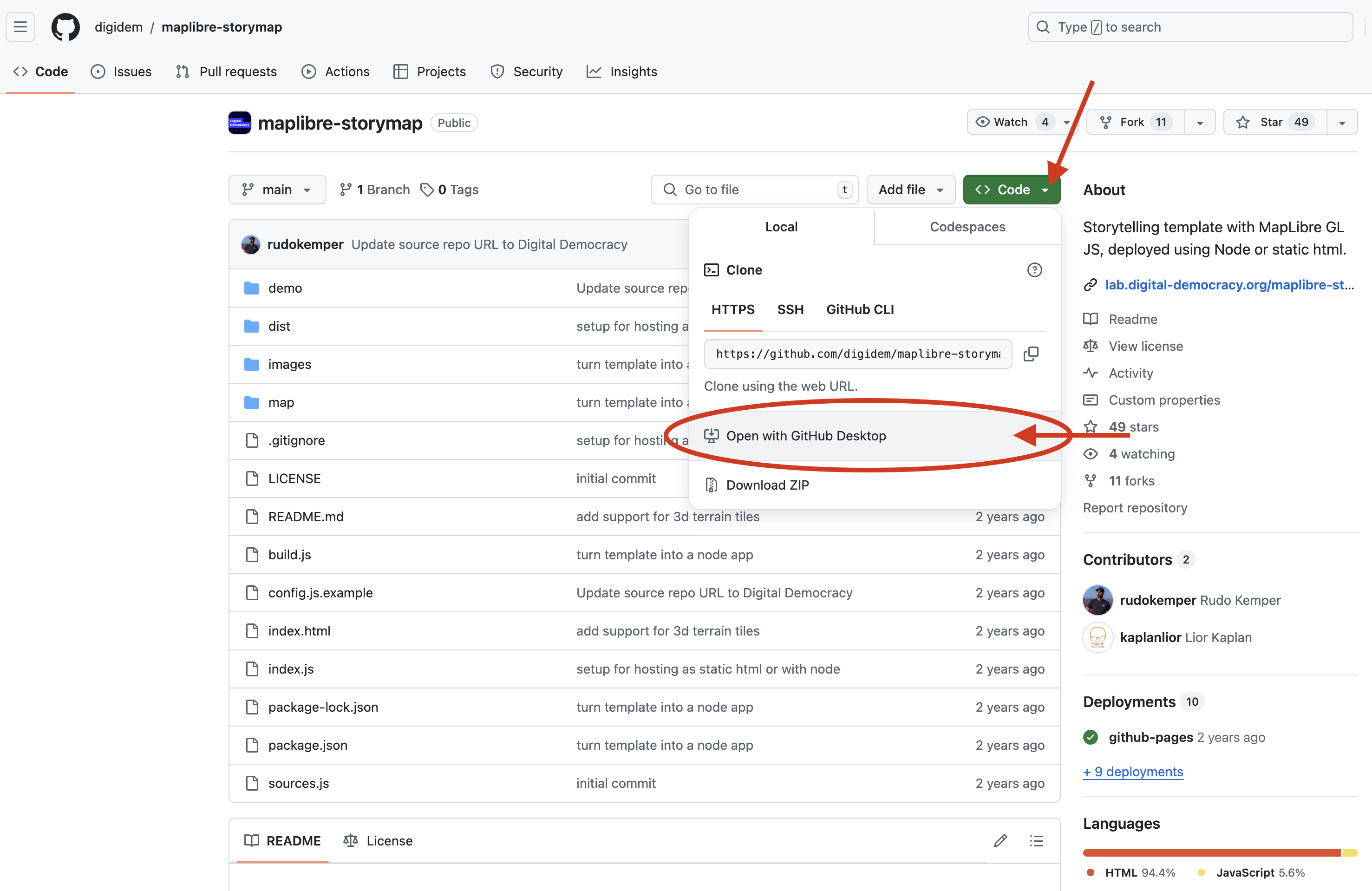 Captura de pantalla de la opción para abrir en GitHub Desktop