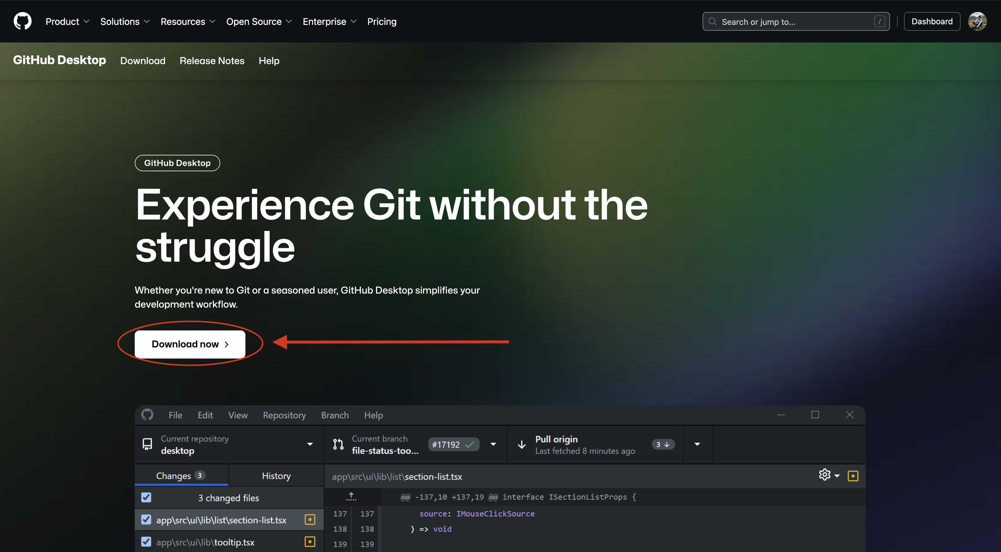 captura de pantalla de la página de descargas de GitHub Desktop