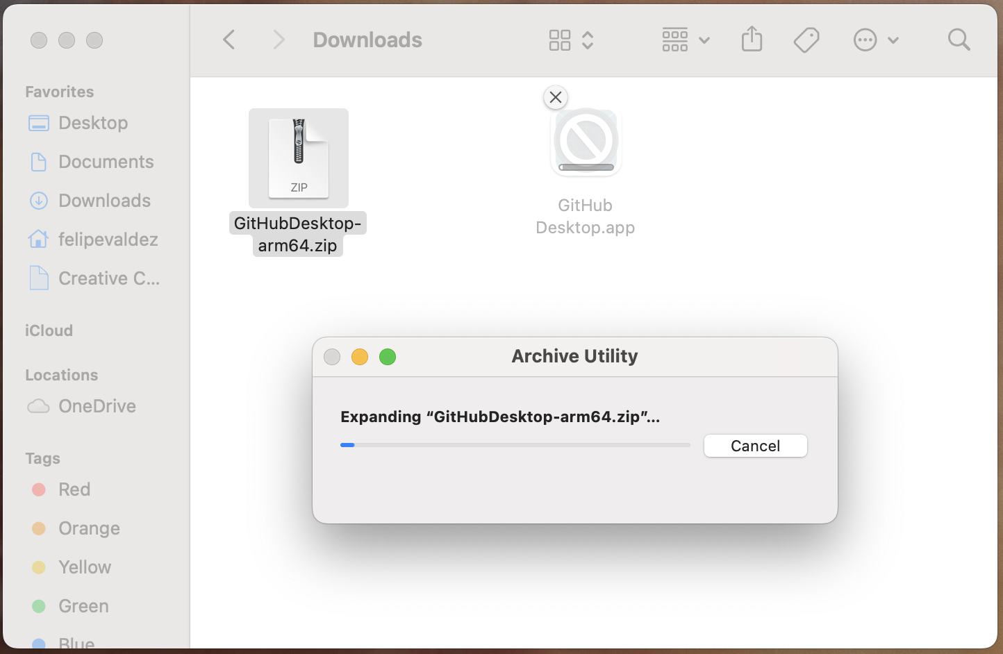 captura de pantalla del archivo zip siendo descomprimido