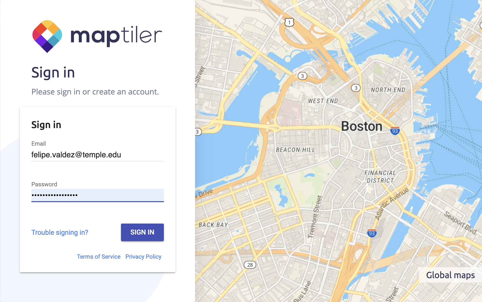 Captura de pantalla de la página de inicio de sesión de MapTiler