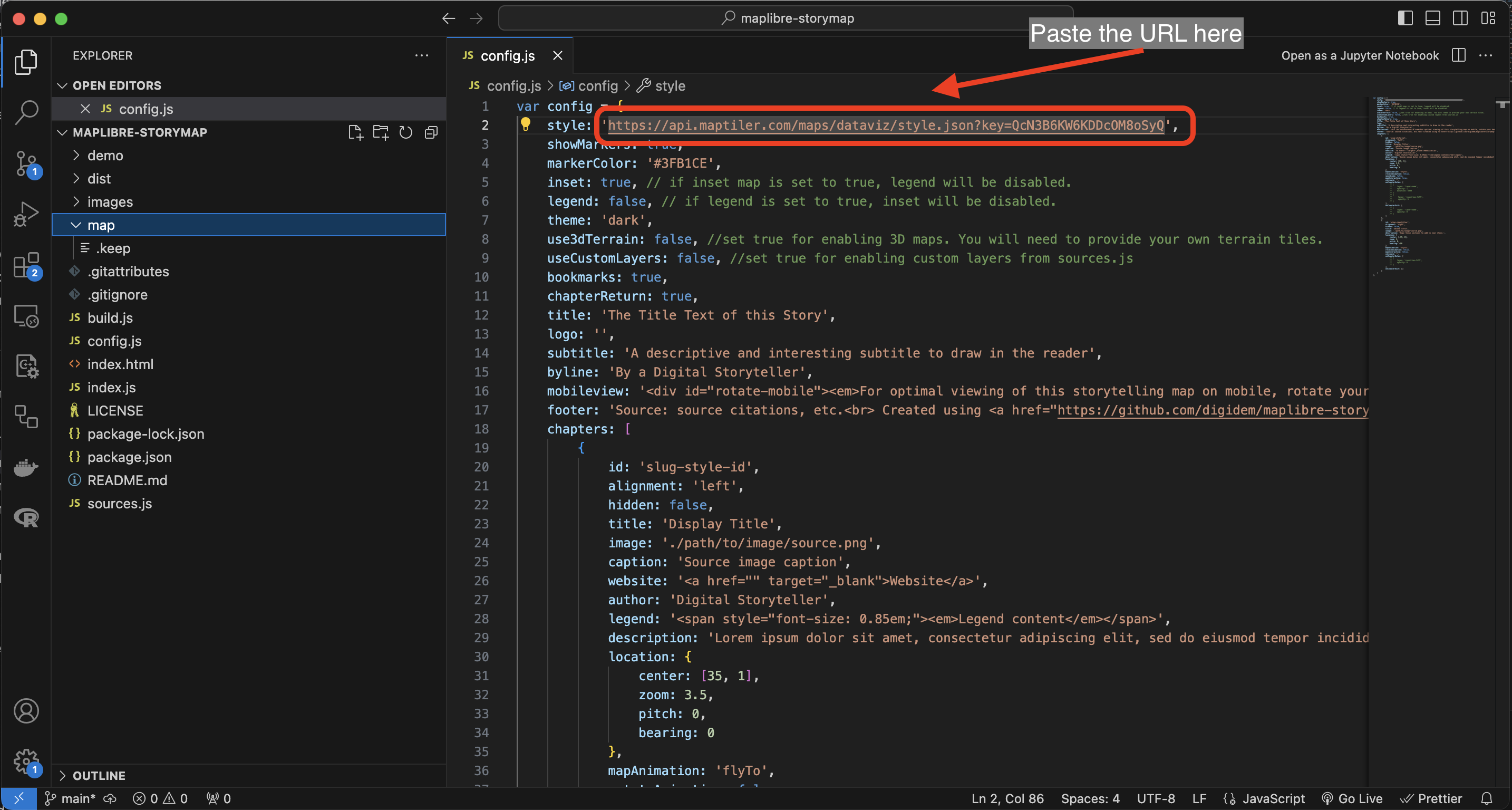 captura de pantalla mostrando el copiar y pegar de la URL del estilo