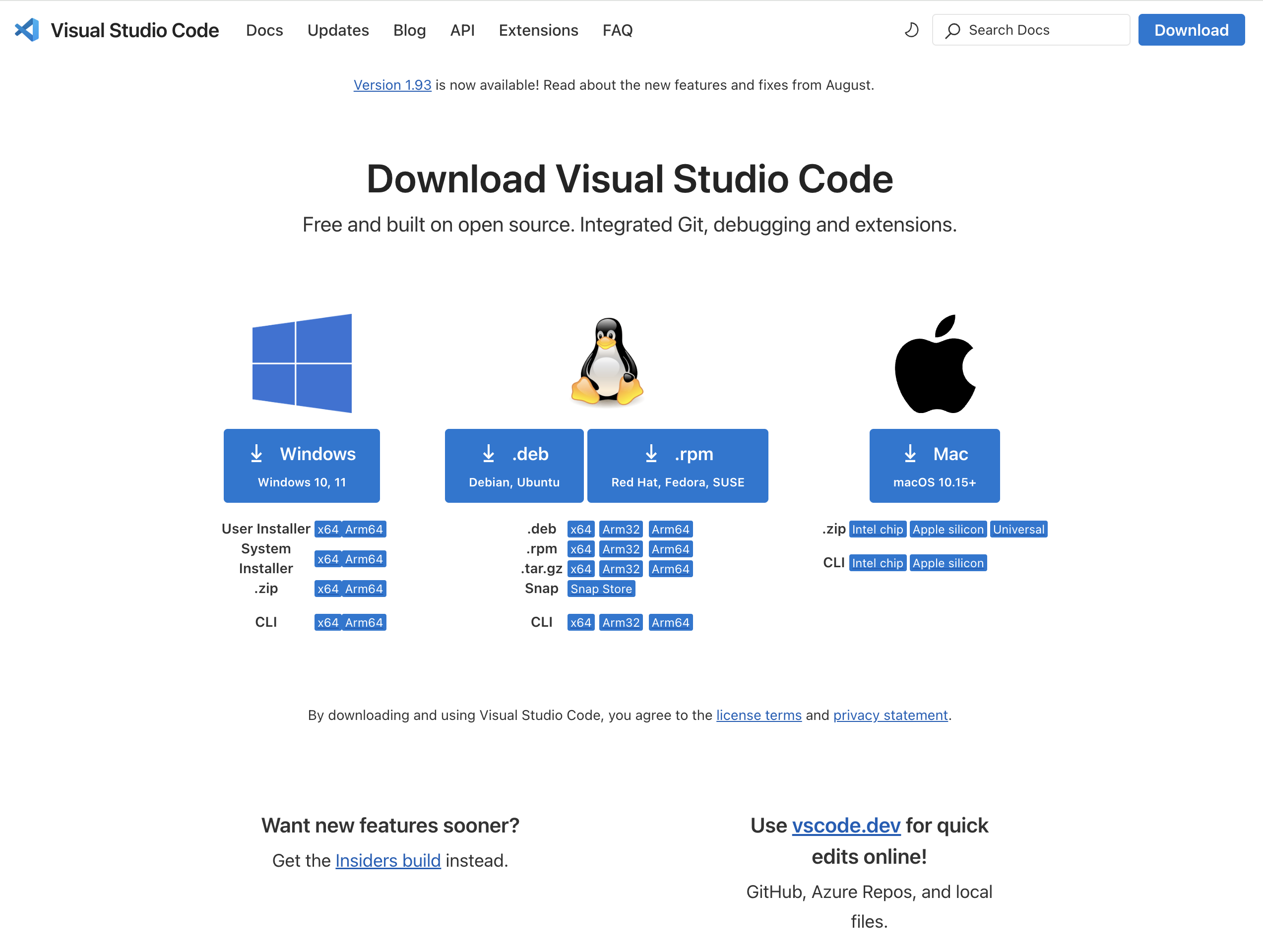 captura de pantalla de las opciones en la página de descargas de VS Code